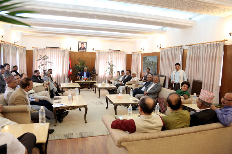 Nepali Congress working committee members discussing recent political developments in Baluwatar, Kathmandu, on Wednesday, October 4, 2017. Photo: twitter.com/@DeubaSherbdr