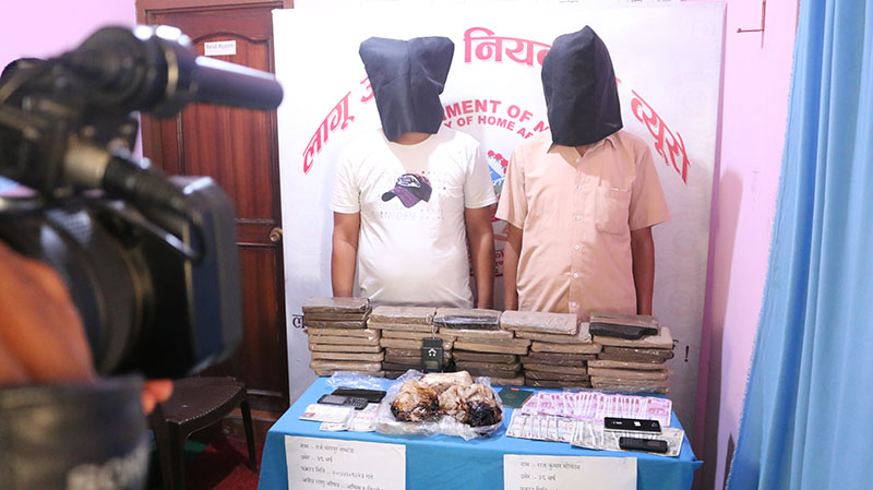 Narcotic Control Bureau of Nepal Police making public two suspects and seized drug in Kathmandu, on Tuesday, October 10, 2017. Courtesy: NCB