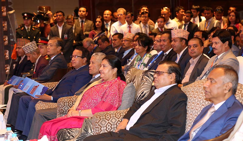 President Bidya Devi Bhandari (centre), Deputy Prime Minister and Foreign Minister Krishna Bahadur Mahara (right) and NRNA President Shesh Ghale (left) during the inaguration ceremony of 8th Global Conference of Non-Resident Nepalis Association, in Kathmandu, Nepal, on Saturday, October 14, 2017. Photo: RSS