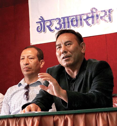 NRNA International Sports Department Coordinator Narayan Gurung speaks at a press meet in Kathmandu on Sunday. Photo: THT