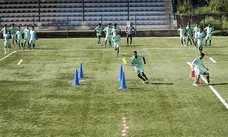 Nepal national football team players take part in a training session at the ANFA Complex grounds in Lalitpur on Wednesday, October 4, 2017. Photo: Naresh Shrestha/THT