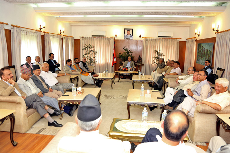 PM Sher Bahadur Deuba along with other leaders attending Central Working Committee meeting at Baluwatar in Kathmandu, on Thursday, October 5, 2017. Photo: RSS