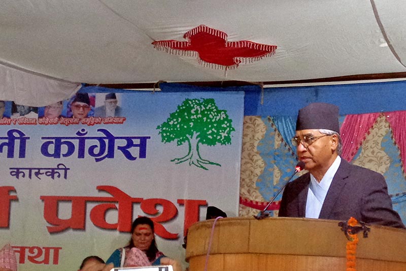 Prime Minister Sher Bahadur Deuba addressing the programme organised by the Nepali Congress Kaski district committee to welcome newcomers in the party, in Pokhara, Kaski district, on  on Saturday, October 28, 2017. Photo: RSS