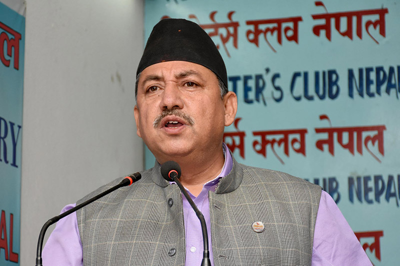 Minister for Irrigation Sanjay Gautam speaking at an interaction programme in Kathmandu, on Sunday, October 29, 2017. Courtesy: Reporters Club