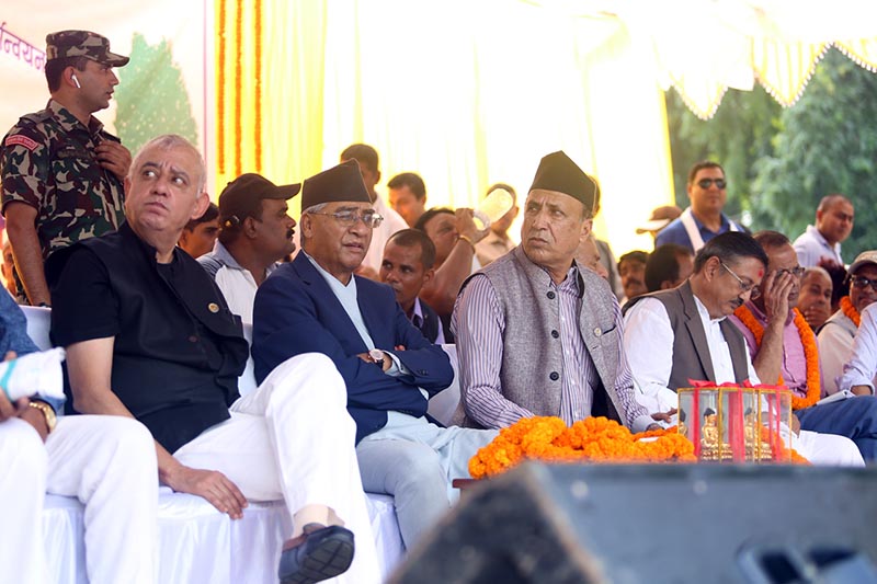 Nepali Congress Chairman Sher Bahadur Deuba (centre), General Secretary Shashank Koirala (left) among other leaders attend the party meeting organised by Nepali Congress Rupandehi Chapter in Majhganwa, on Monday, October 2, 2017. Photo: RSS