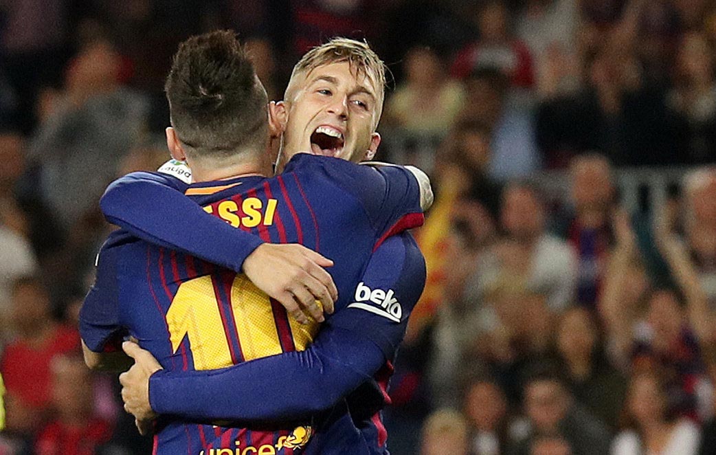 Barcelonau2019s Gerard Deulofeu celebrates scoring their first goal with Lionel Messi  during the La Liga Santander match between FC Barcelona and Malaga CF , at Camp Nou, in Barcelona, Spain, on October 21, 2017. Photo: Reuters