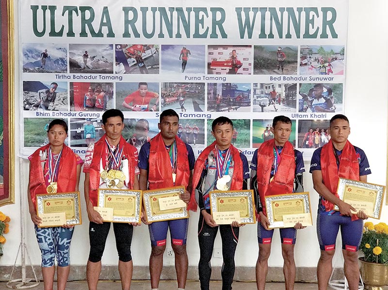 TAC ultra runners pose for a group photo after being felicitated in Kathmandu on Sunday.