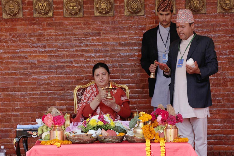 President Bidya Devi Bhandari attending Lakshmi Puja, worshiping of the Goddess of wealth on the third day of Yamapanchak or Tihar at the Sheetal Niwas in Kathmandu, on Thursday, October 19, 2017. Photo: RSS