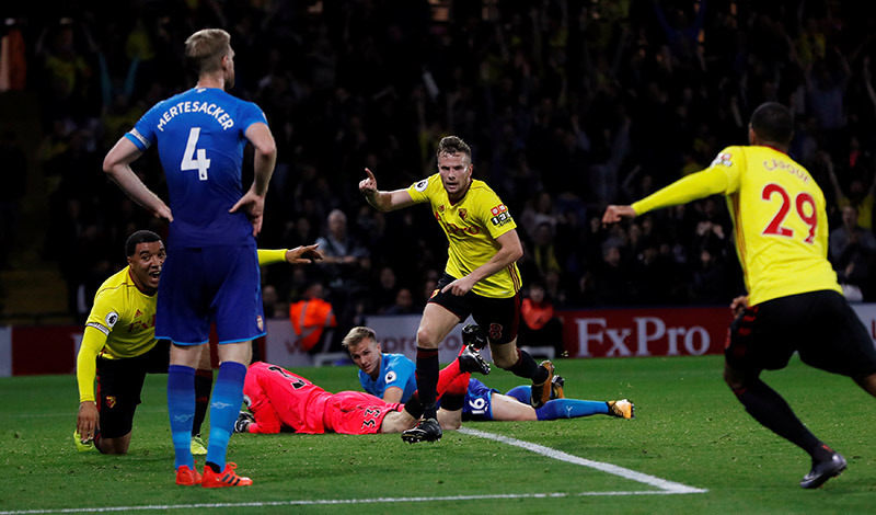 Watford's Tom Cleverley celebrates scoring their second goal. Photo: Reuters