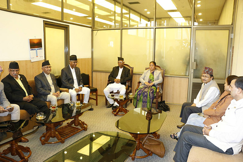 Top leaders holding discussion with the Speaker Onsari Gharti Magar at Parliament house in Baneshwor, Kathmandu, on Friday, October 13, 2017. Photo: RSS
