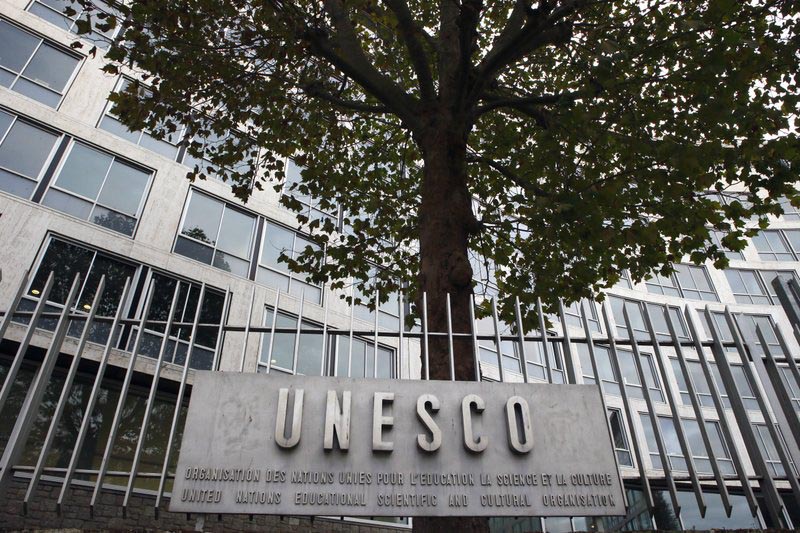The United Nations Educational Scientific and Cultural Organisation logo is pictured on the entrance at UNESCOu2019s headquarters in Paris, on Monday October 17, 2016. Photo: AP/ File