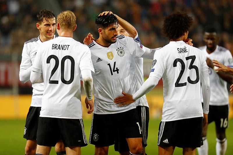 Germanyu2019s Emre Can celebrates scoring their fifth goal with team mates during 2018 World Cup Qualifications' Europe Group match between Germany and Azerbaijan, at Fritz-Walter-Stadion, in Kaiserslautern, Germany, on October 8, 2017. Photo: Reuters