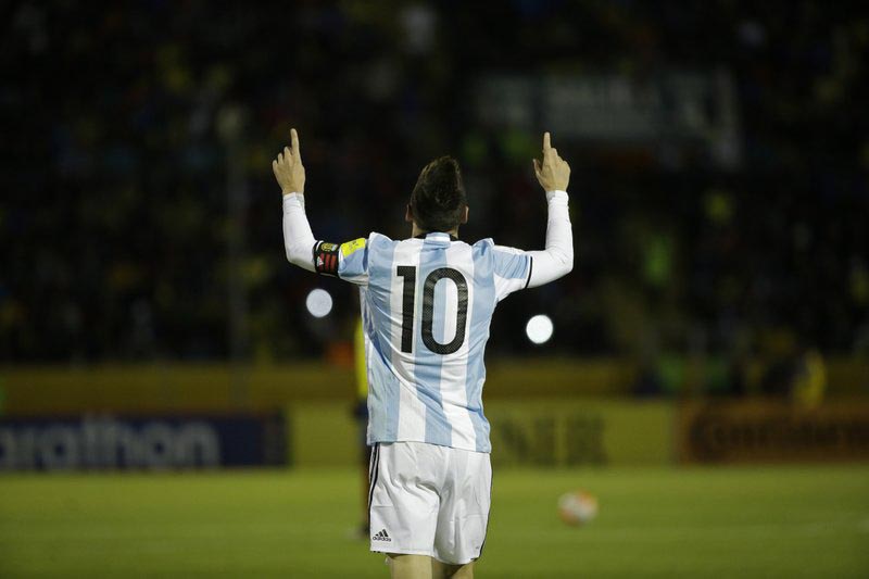 Argentinau2019s Lionel Messi celebrates after scoring against Ecuador during their 2018 World Cup qualifying soccer match at the Atahualpa Olympic Stadium in Quito, Ecuador, on Tuesday, October 10, 2017. Photo: AP