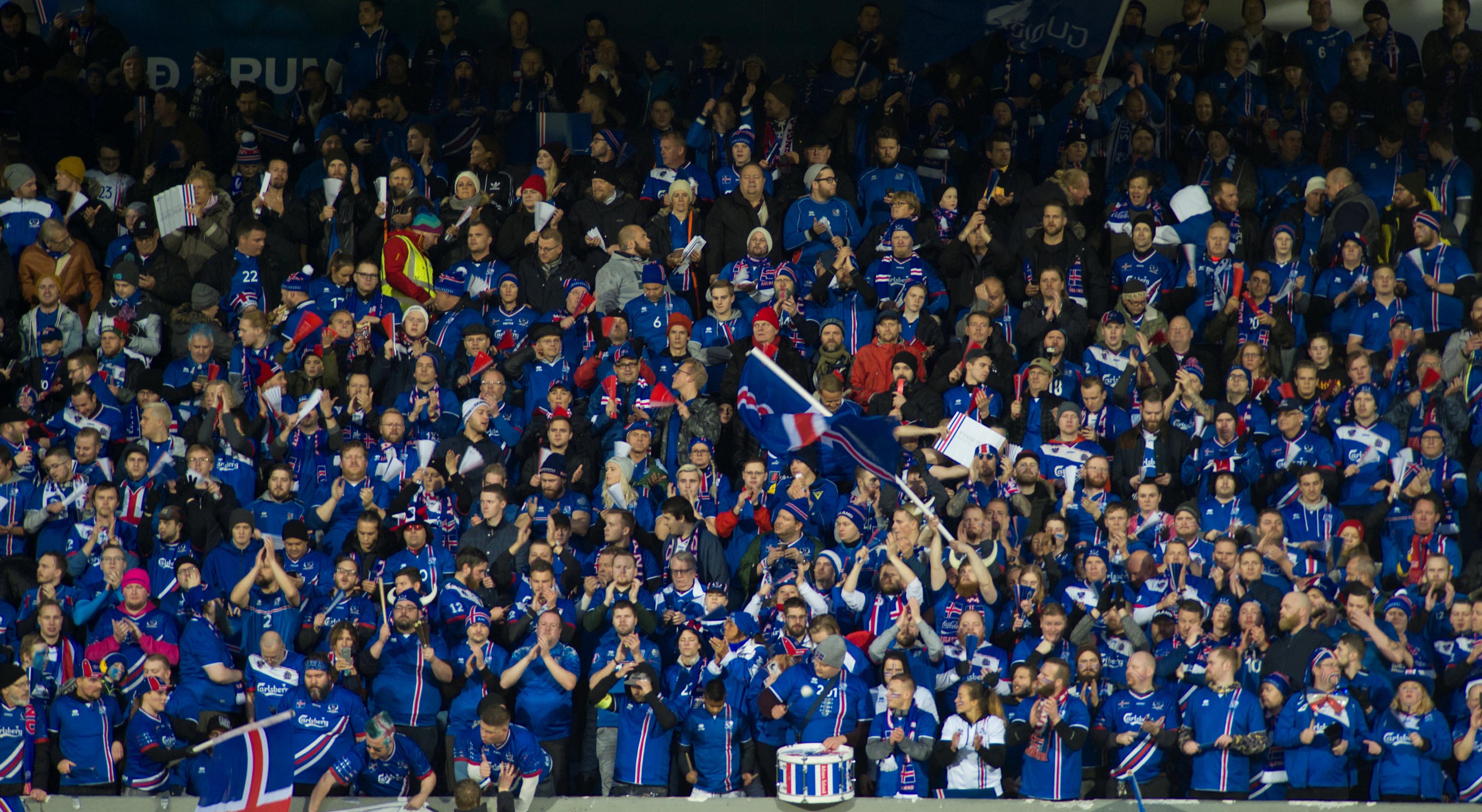 Iceland fans celebrate during the 2018 World Cup Europe Qualification match between Iceland and Kosovo, in Laugardalsvollur, Reykjavik, Iceland, on October 9, 2017. Photo: Reuters