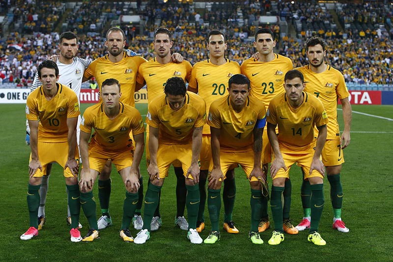 Australia's soccer team poses for a photo before 2018 World Cup Asia Qualification match between Syria and Australia, at Olympic Stadium, in Sydney, Australia, on October 10, 2017. Photo: Reuters