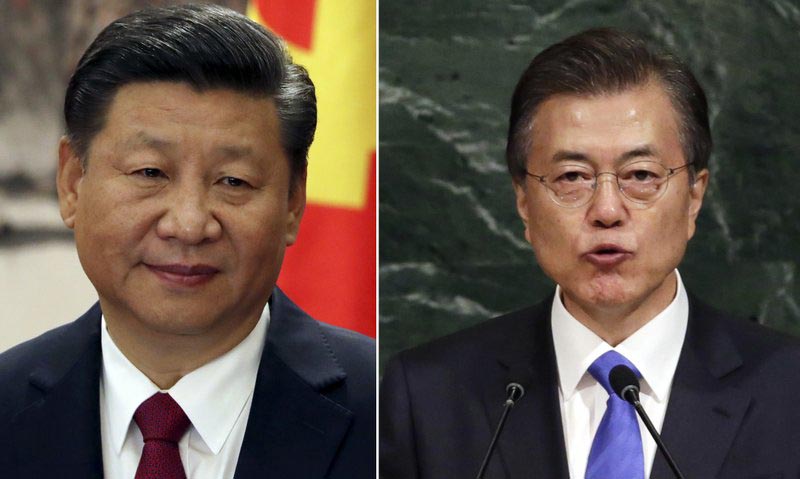 This combination of the file photos show Chinese President Xi Jinping (left), on October 25, 2017 in Beijing and South Korean President Moon Jae-in on September 21, 2017 at UN headquarters. Photo: AP