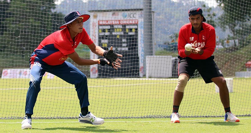 Nepalu2019s Kishor Mahato (left) and Kamal Singh take part in a training session in Kuala Lumpur on Thursday, ahead of their ACC U-19 Youth Asia Cup match against Afghanistan. Photo courtesy: NSJF