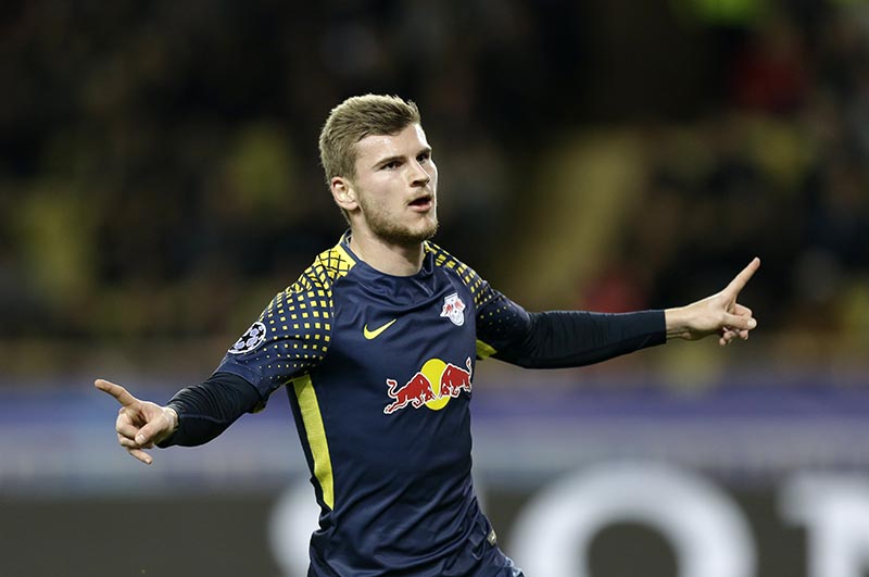 FILE - Leipzig's Timo Werner reacts after scoring during their Champions League Group G soccer match between Monaco and Leipzig at the Louis II stadium in Monaco, on Tuesday November 21, 2017. Photo: AP