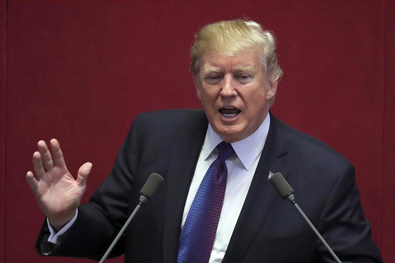 US President Donald Trump delivers his speech at the National Assembly hall in Seoul, South Korea, on Wednesday, November 8, 2017. Photo: Reuters