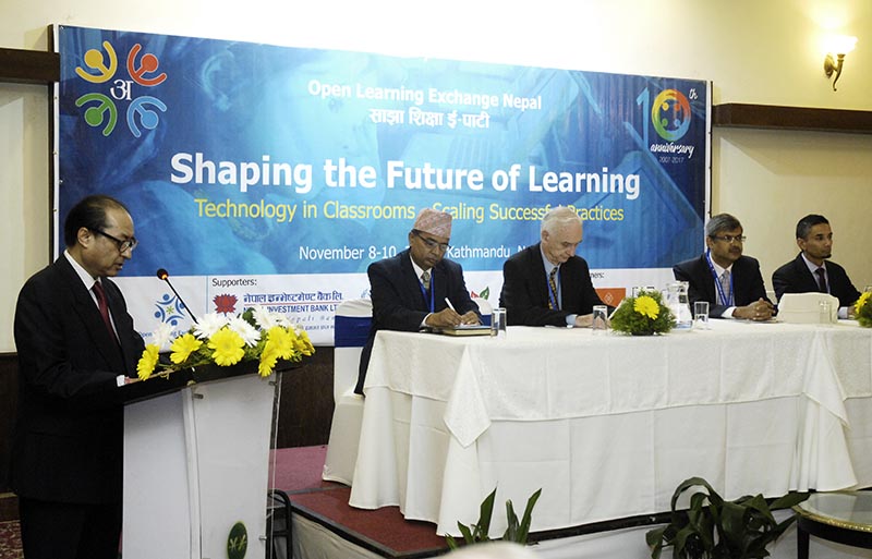 Prithivi Pande (left), chairperson of OLE Nepal,  speaking at EdTech Conference, in Kathmandu on Wednesday, November 8, 2017. Photo: THT