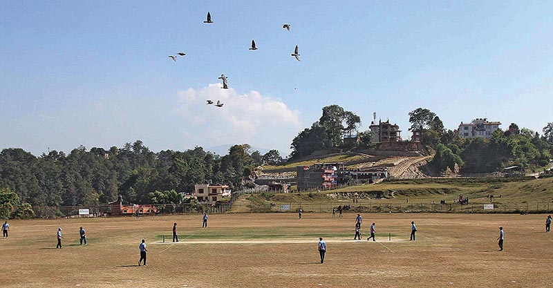 General view of the Mulpani cricket ground during an exhibition match between Member Secretary-XI and Veteran-XI in Kathmandu on Saturday. Photo: Udipt Singh Chhetry / THT