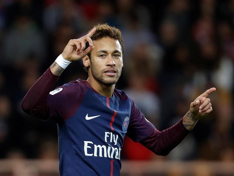 Paris Saint-Germainu2019s Neymar celebrates scoring their second goal during the Ligue 1 match between AS Monaco and Paris St Germain, at Stade Louis II, in Monaco, on November 26, 2017. Photo: Reuters