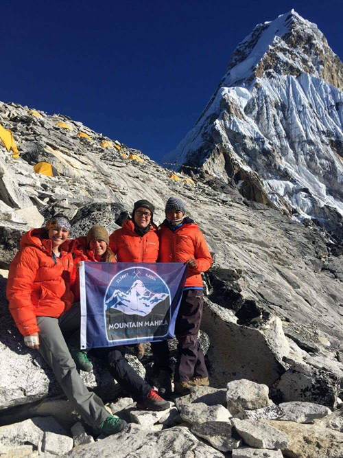 Mountain Mahila team celebrates at the base camp after summiting Mt Amadablam. THT