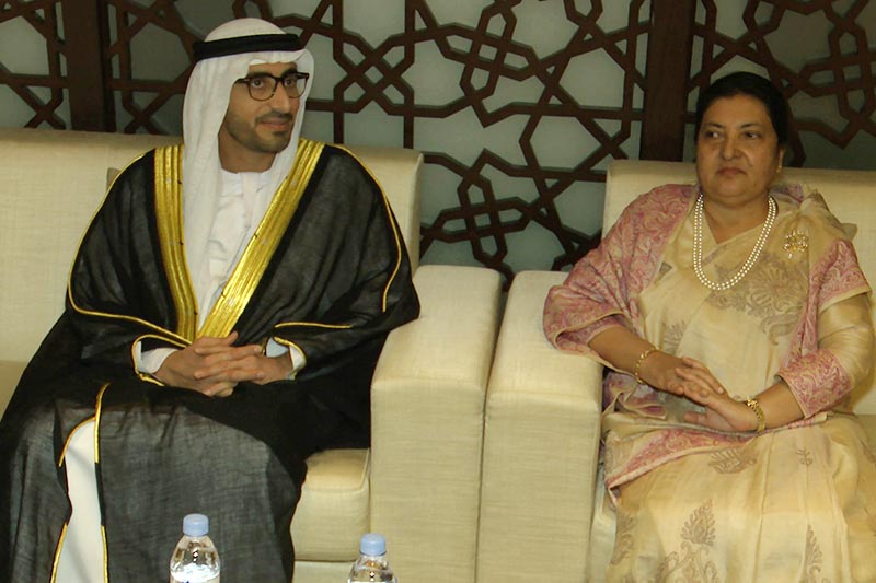 UAE Minister for Human Resources and Emiratisation Nasser bin Thani Juma Al Hamli (left) welcomes President Bidya Devi Bhandari at the Abu Dhabi International Airport, in UAE, on Monday, November 13, 2017. Photo: RSS.