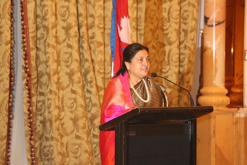 President Bidya Devi Bhandari addresses a dinner reception hosted in her honour by the Embassy of Nepal in Abu Dhabi, United Arab Emirates, on Wednesday evening, November 15, 2017. Photo: RSS