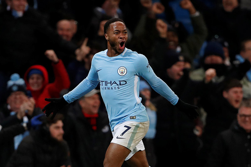 Manchester City's Raheem Sterling celebrates scoring their second goal. Photo: Reuters