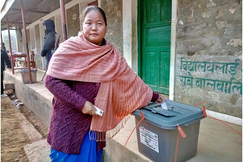 Speaker Onsari Gharti Magar cast her vote from Bal Uday Secondary School, Madicharu polling station in Rolpa Municipality-7  of Rolpa district, on Sunday, November 26, 2017. Photo: RSS