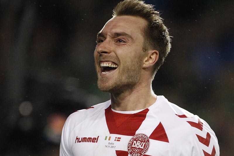 Denmark's Christian Eriksen celebrates after scoring his side's fourth goal during the World Cup qualifying play off second leg soccer match between Ireland and Denmark at the Aviva Stadium in Dublin, Ireland, on Tuesday, November 14, 2017. Photo: AP