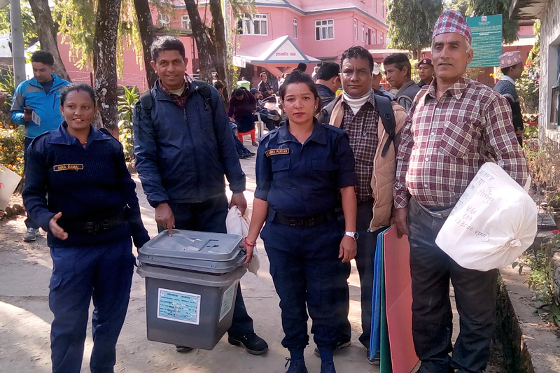 Election officials and security personnel carry the election materials for the provincial and parliamentary elections in Lamjung, on Wednesday, November 22, 2017. Photo: Ramji Rana
