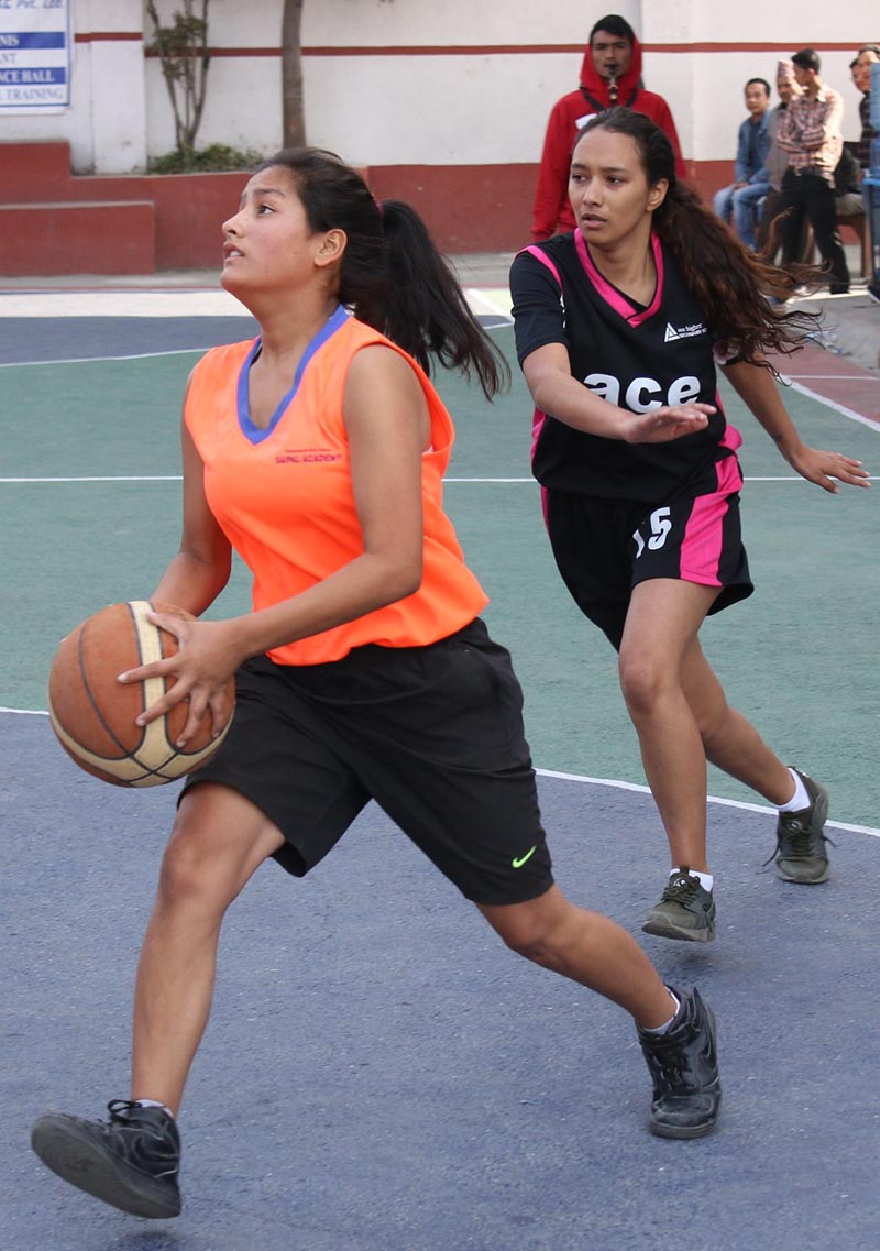 Saipal Academy advance to the girlsu2019 section final of the second Rosebud Valleywide Inter-school Basketball Tournament, in Kathmandu, on Wednesday, November 29, 2017. Photo: THT