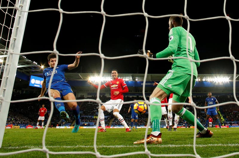 Leicester City vs Manchester United - King Power Stadium, Leicester, Britain - December 23, 2017   Leicester City's Harry Maguire scores their second goal. Photo: Reuters