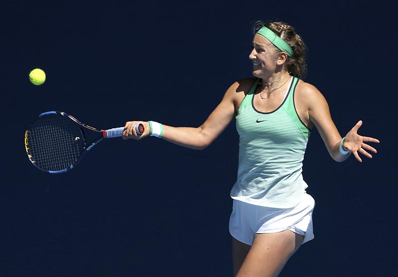 FILE - In this Jan. 25, 2016 file photo Victoria Azarenka of Belarus hits a forehand to Barbora Strycova of the Czech Republic during their fourth round match at the Australian Open tennis championships in Melbourne, Australia. Two-time former champion Azarenka has been awarded a wild card for the 2018 Australian Open. Photo: AP