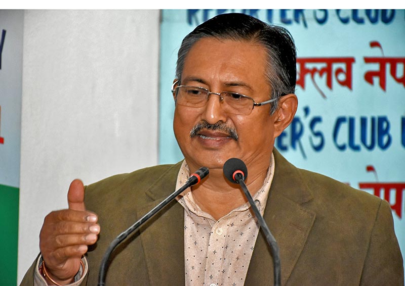 Nepali Congressu2019s Central Committee Member Balkrishna Khand speaking at a press meet organized by Reporters club, in Kathmandu, on Tuesday, December 12, 2017. Photo courtesy:  Reporters Club
