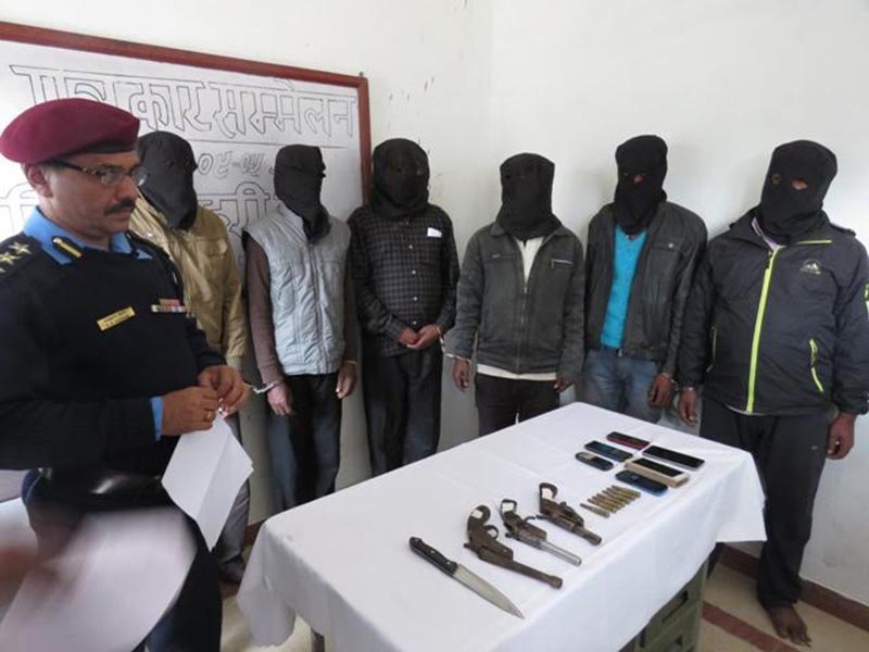 Police making an armed group of six persons along with their weapons public at the District Police Office, Bara, on Wednesday, December 20, 2017. Photo: THT