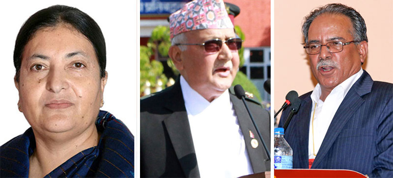 The combo image shows President Bidya Devi Bhandari, CPN-UML Chair KP Sharma Oli and CPN Maoist Centre Chair Pushpa Kamal Dahal. Photo: THT Onlie
