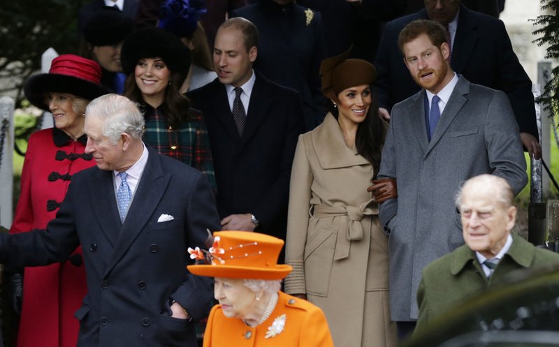 Front from left: Prince Charles, Queen Elizabeth II and Prince Philip. Rear From left, Camilla, Duchess of Cornwall, Kate, Duchess of Cambridge, Price William, Meghan Markle, and her fiancee Prince Harry, right, as they wait for the Queen to leave by car following the traditional Christmas Day church service, at St. Mary Magdalene Church in Sandringham, England, Monday, Dec. 25, 2017. Photo: AP