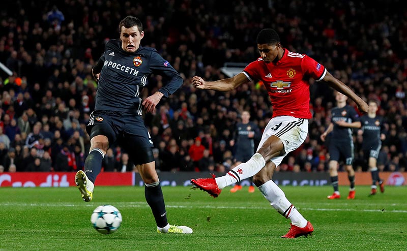 Manchester United's Marcus Rashford scores their second goal during Champions League match between Manchester United and CSKA Moscow, at Old Trafford, in Manchester, Britain, on December 5, 2017. Photo: Action Images via Reuters
