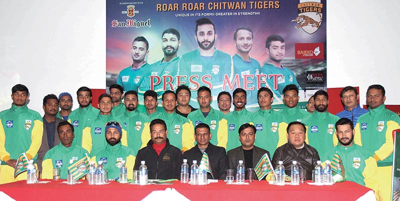 Players and officials of Chitwan Tigers pose for a group photo at a programme in Kathmandu on Saturday. Photo: THT