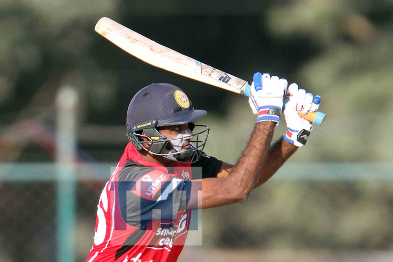 Farveez Maharoof skipper of Kathmandu Kings XI bats against Chitwan Tigers during the Everest Premier League Twenty20 cricket tournament  at the TU Stadium, Kirtipur in Kathmandu on Thursday, December 21, 2017. Photo: Udpt Singh Chhetry