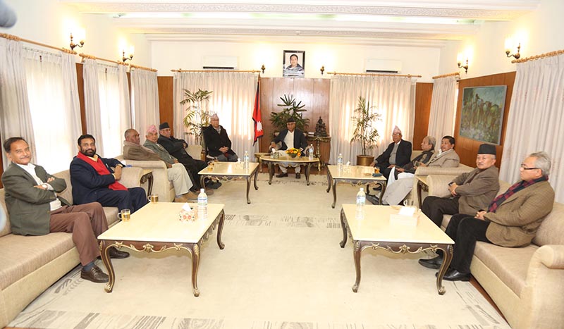 Five major political parties' leaders attend a meeting called by Prime Minister Sher Bahadur Deuba at his official residence in Baluwatar, Kathmandu, on Friday, December 22, 2017. Photo: RSS