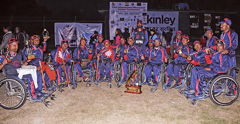 Nepali players celebrate after winning the first International Wheelchair Cricket Tournament in Kathmandu on Saturday. Photo: THT
