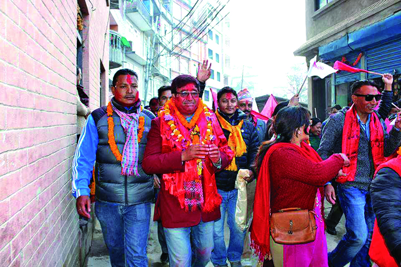 NOC President Jeevan Ram Shrestha celebrates after being elected as Member of Parliament from Kathmandu-8. Photo: THT
