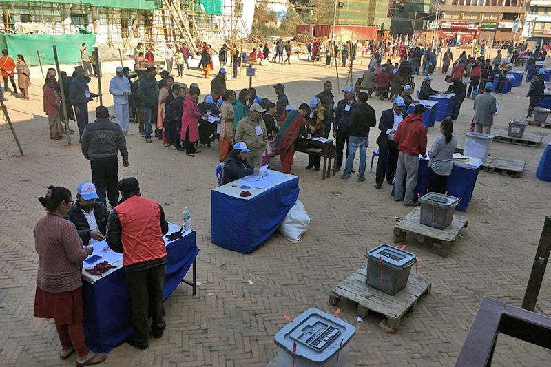 Voters take part in the second phase of provincial and parliamentary polls at Nava Adarsha polling station, in Basantapur, Kathmandu Constituency-8 on Thursday, December 7, 2017. Photo: Rajesh Gurung
