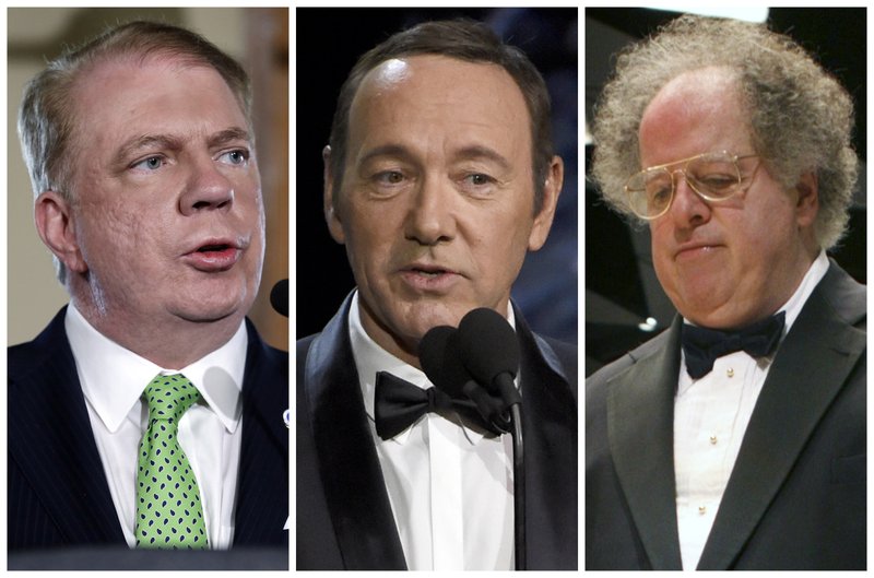 This combination of photos shows Seattle Mayor Ed Murray, actor Kevin Spacey, and orchestral conductor James Levine. Among the dozens of prominent Americans entangled in sexual-misconduct cases in 2017 are a modest number of men whose accusers are male. For some LGBT civic leaders, dismay over these cases is mixed with relief and even a trace of pride at how they were addressed. (AP Photo/Elaine Thompson, Chris Pizzello, Michael Dwyer) 