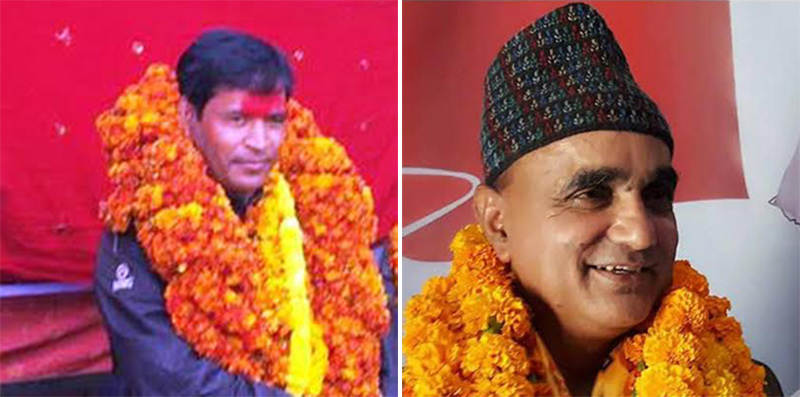 CPN Maiost Centre's Mahendra Bahadur Shahi, elect from Kalikot (left) and  Yamlal Kandel from Surkhet-2 u2018kau2019. Photo: THT