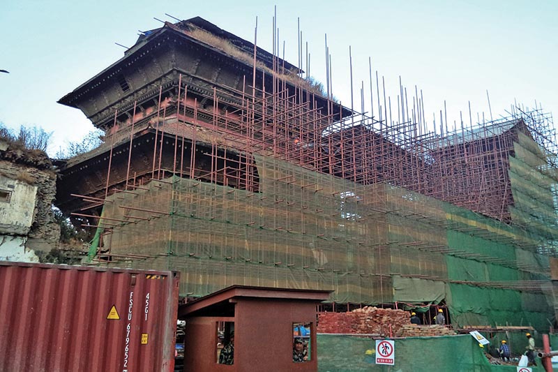 Reconstruction of the nine-storey palace in progress, in Basantapur Durbar Square, Kathmandu, on Wednesday, December 27, 2017. Photo: THT